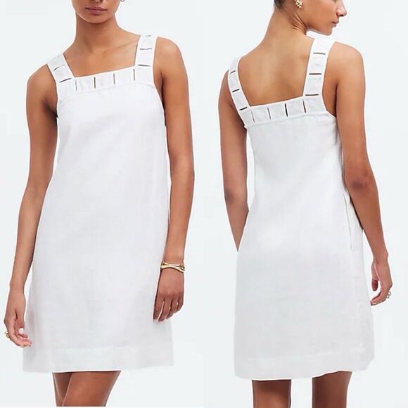 MADEWELL Mini Dress Women 4 Embroidered Tank Linen Crisp White Pockets NQ595 - Picture 1 of 14